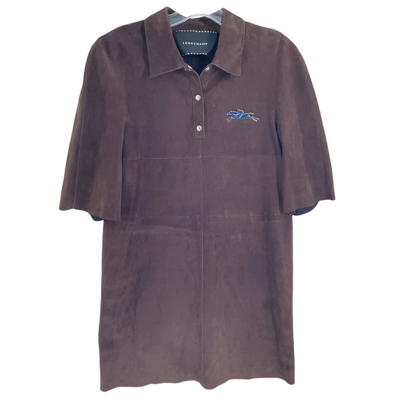 𝅺new longchamp brown suede mini polo dress with silver logo pin - Picture 1 of 7